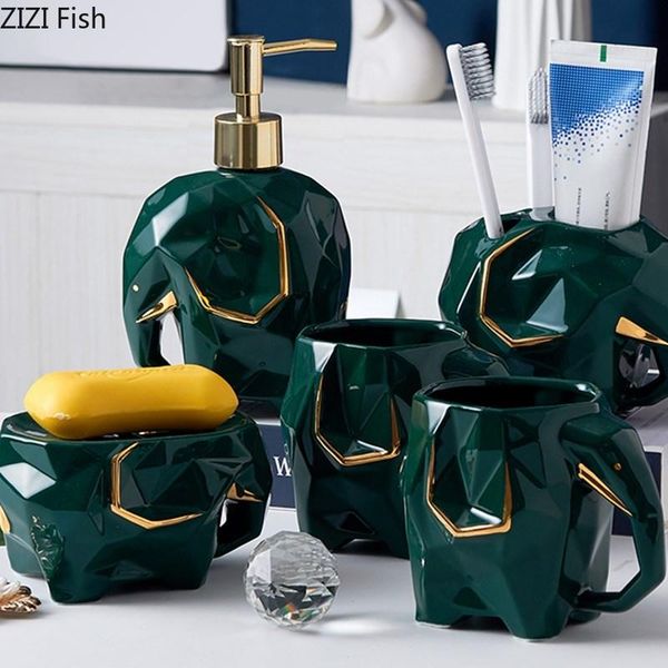 

bath accessory set elephant shaped ceramic bathroom supplies soap dispenser and mouthwash cup five-piece home accessories
