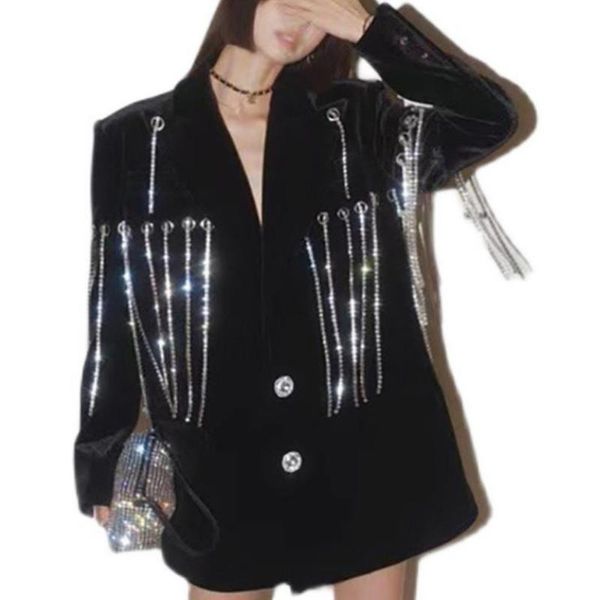 

women's suits & blazers heavy industry fashion autumn rhinestone velvet blazer tassel chain women loose british style handsome cool sma, White;black