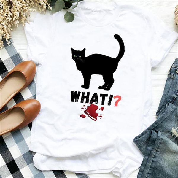 

cat funny cartoon womens short sleeve fall halloween print clothes graphic, White