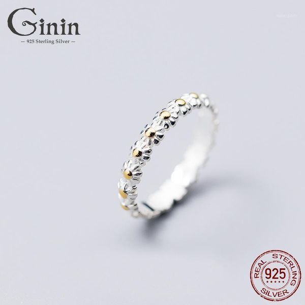 

cluster rings ginin 925 sterling silver ring female japanese style sweet small yellow flower graceful and cute daisy girls gift jewelry1, Golden;silver