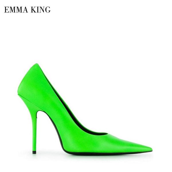 

dress shoes woman neon-green cow leather pumps pointed toe shallow luxury fashion fluorescent high heels women zapatos de mujer, Black