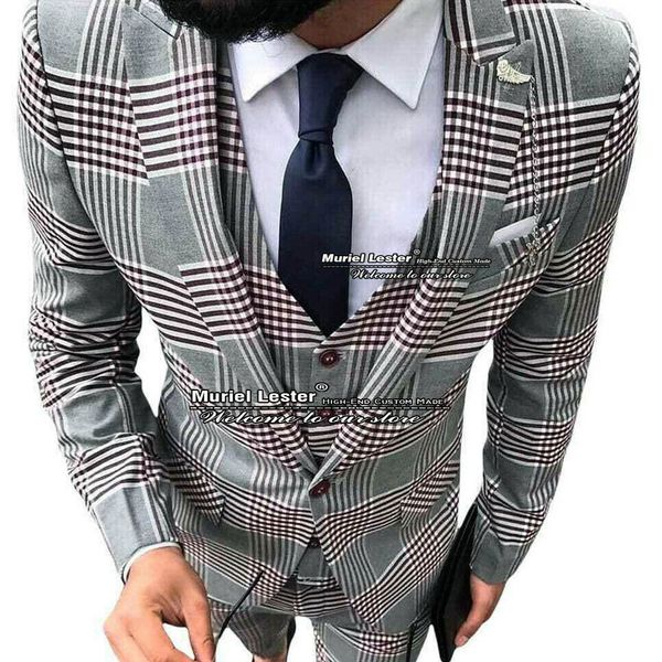 Smoking da sposa a quadri scozzesi grigi 3 pezzi Abiti da uomo slim fit 3 pezzi Groomsman Business Party Abito da uomo Giacca + gilet + pantaloni su misura Costume Mariage Homme 2022