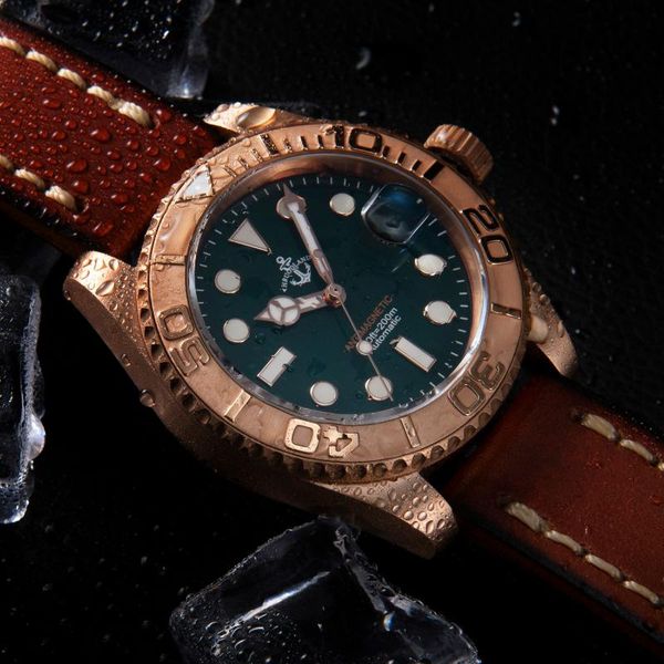 

hruodland luxury men watch bronze automatic antimagnetic sapphire 20atm water resistant bgw9 leather strap mechanical wristwatch wristwatche, Slivery;brown