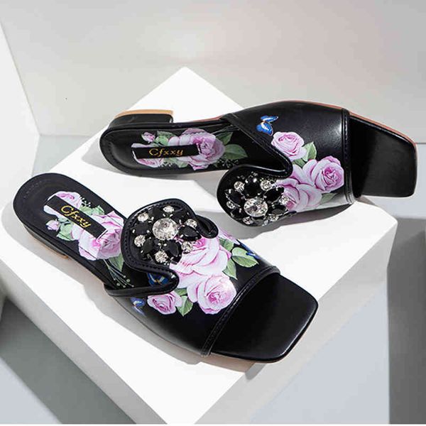 

sandals women's low-heel women's sandals, square-fingered slippers for women, glass with flowers and casual heels, slip-on, summer, Black
