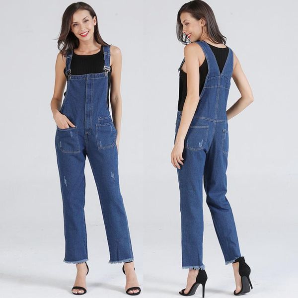 

women's jeans 2021 women ladies baggy denim bib full length overall solid loose causal jumpsuit pants, Blue