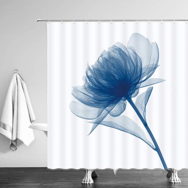 

blue floral shower curtains for bathroom,abstract spring flower fabric shower curtain with plastic hooks,69x70 inch