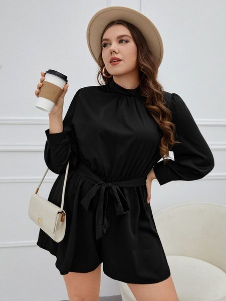 

plus mock neck belted romper 72cx#, Black
