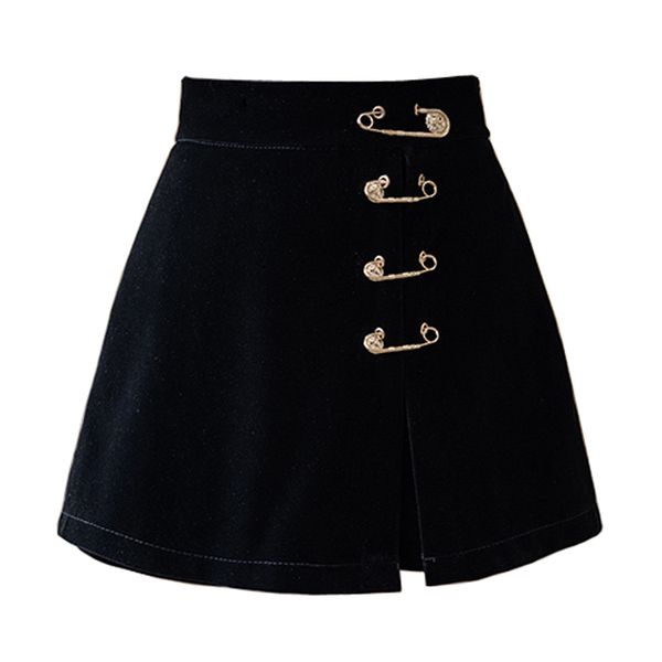 

black velvet mini short empire skirt pin plus size s0278 210514