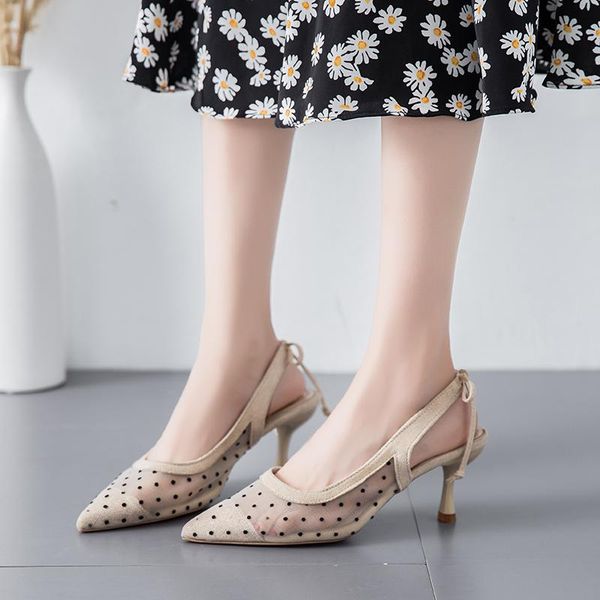 

dress shoes dot lace breathable slingback heels women pointed toe sandals summer up shallow pumps thin heel 2021, Black