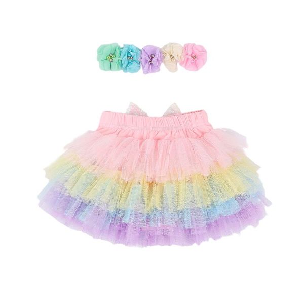 

infant baby girls colorful rainbow tutu skirt headband, sequin bowknot mesh layer skirts flower headwear outfit sets