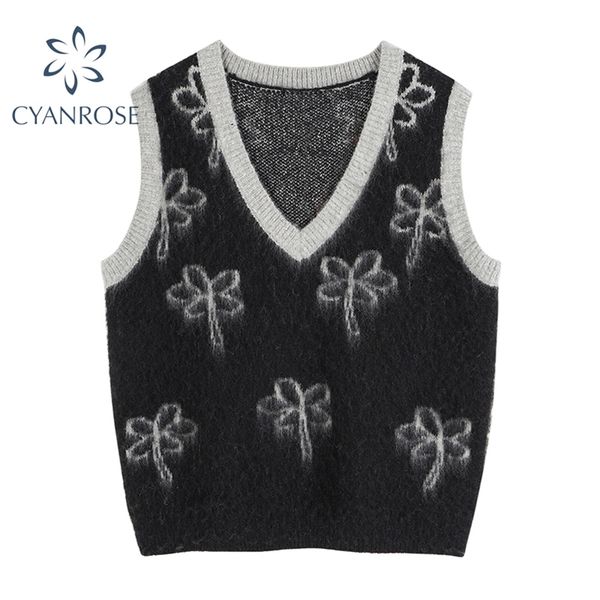 

spring v-neck pullover mohair vest sweater women floral print vintage loose knitted korean chic sleeveless knitwear 210430, Black;white