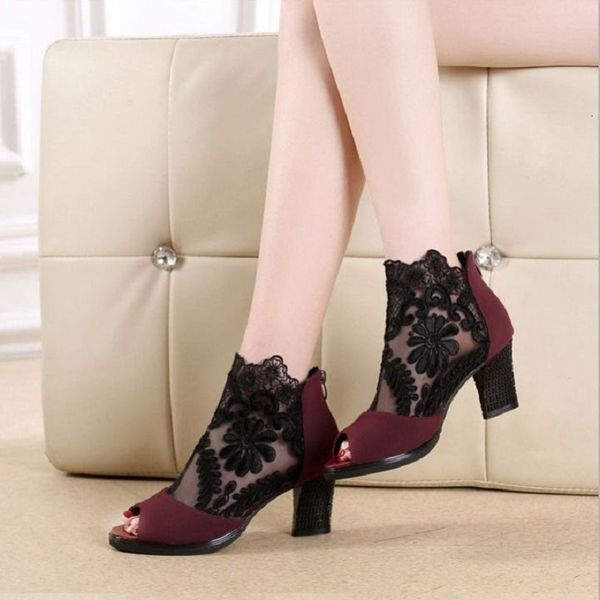

sandals summer sandals spring fish mouth mid-heel ladies large size breathable women's shoes lace mesh fashion high heels, Black