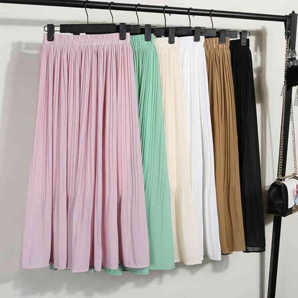 

Skirts skirts Candy Pleated Korean Summer Solid Pink A-line Mid Calf Long Green Ivory Chiffon S UDDD, Black