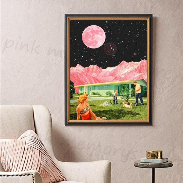 

paintings vintage surrealism art painting pink moon nature landscape poster wall canvas prints family picture home decor