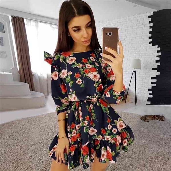 

sweet cute ruffle floral/dot print dress women fashion sashes 3/4 sleeves o neck casual autumn dress girls a line mini dresses, Black;gray