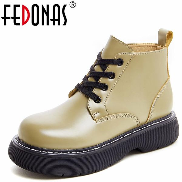 

boots fedonas brand design women ankle autumn winter fashion lace-up platforms thick heels genuine leather casual shoes woman, Black