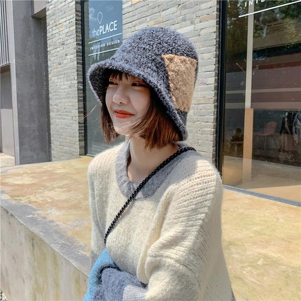 

[ewq] foldable art knitted breathable stitching basin cap autumn and winter leisure all-match warm fisherman hat zt505 wide brim hats, Blue;gray