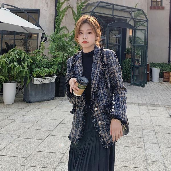 

women's plaid small suit autumn korean version of the slim slimming wild tweed beaded tassel blazers jacket suits &, White;black