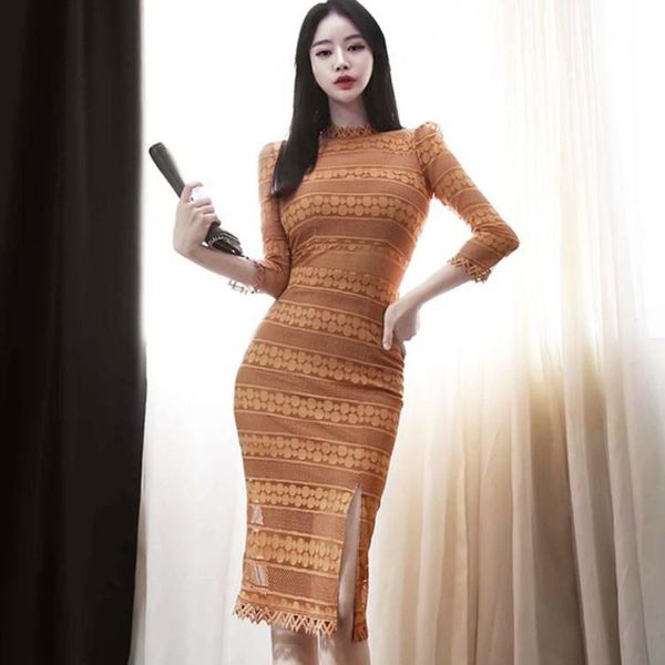 

korea vintage slim lace bodycon dress 2021 women spring 3/4 sleeve office ol pencil dresses vestidos casual, Black;gray