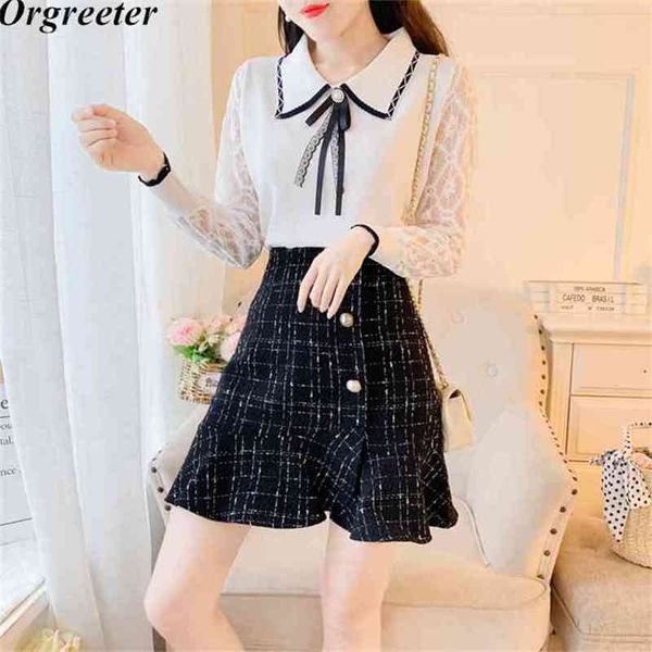 

fashion preppy style peter pan collar lace sleeve patchwork knitted and tweed mermaid mini skirt 2 piece set women bow 210602, White