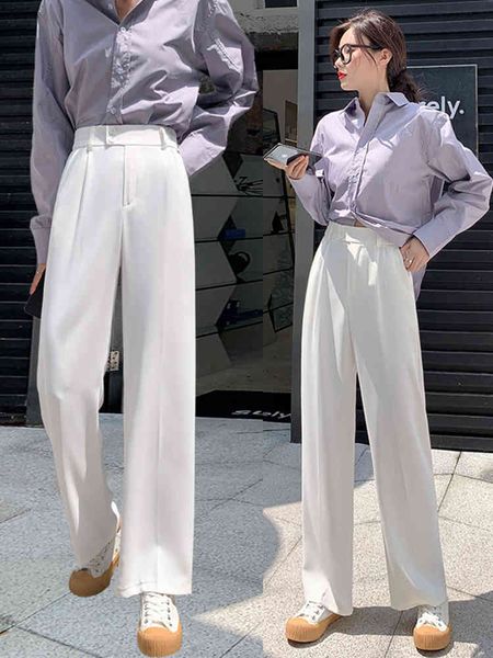 

spring summer solid color women's straight wide-leg pants casual loose high-waist office suit female trousers 210514, Black;white