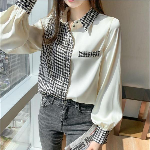 

women's blouses & shirts 2021 houndstooth print shirt women button up blouse long sleeve color patchwork design fashion spring summer p, White
