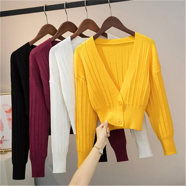 

women's knits & tees spring autumn clothes woman sweaters long sleeve short sweater v-neck 2021 cardigan women knit coat korean, White