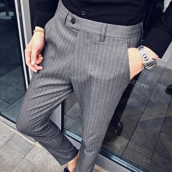 

men's pants autumn and winter business casual slim fit korean fashion small leg trousers elastic british, Black