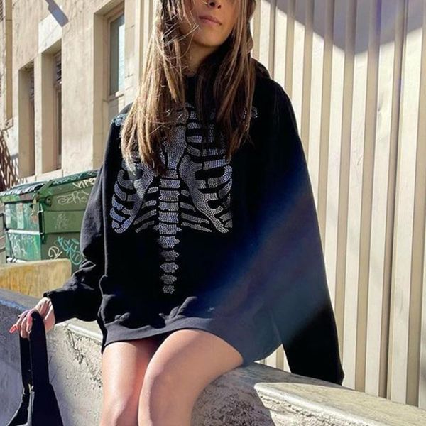 

women's hoodies & sweatshirts streetwear skeleton rhinestone oversized women harajuku autumn gothic clothes diamonds hooded pullovers, Black