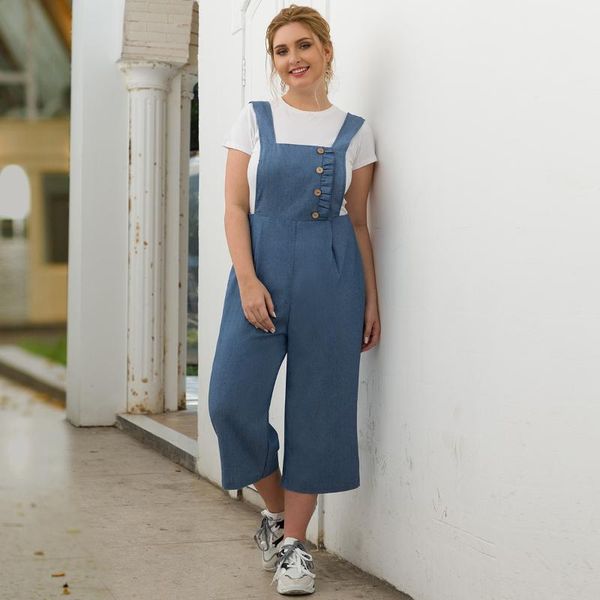 

women's jumpsuits & rompers spring style high waist wide leg fashion large jeans belt pants plus size denim blue loose jumpsuit, Black;white