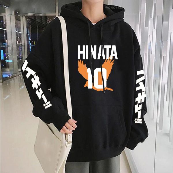 

men's hoodies & sweatshirts anime haikyuu harajuku karasund high school no.10 shoyo hinata cartoon graphics men long sleeve streetwear, Black