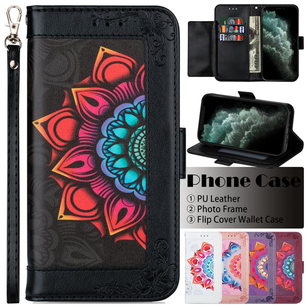 

pu leather phone cases for iphone 13 12 11 pro xr xs max 7 8 plus, colorful flower wallet flip kickstand cover case with p frame and card sl