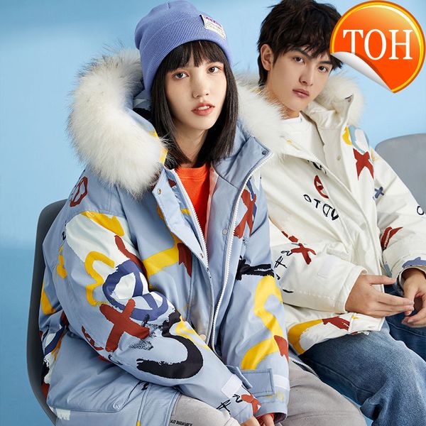 

graffiti white duck down new jacket lovers mark winter thickening national fashion from cartoon avatar, Black
