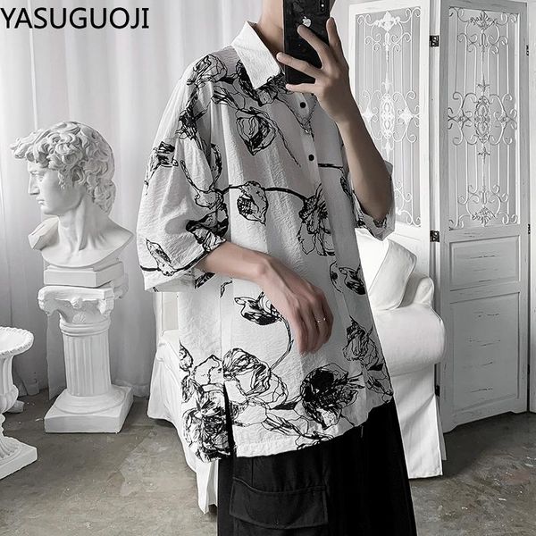 

men shirt black flower printed 2021 casual breathable half sleeve loose hawaiian fashion streetwear camisa men's shirts, White;black