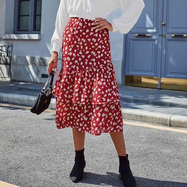 

skirt floral print midi skirt with ruffles women 2021 high waisted spring summer clothes ladies casual elegant vintage red skirts c1tm, Black