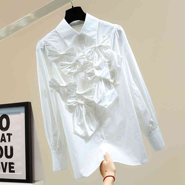 

blouses white patchwork bowknot shirt for women lapel long sleeve casual loose korean blouse female spring clothes 2021