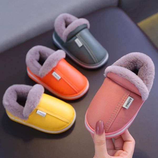 

slipper winter children warm shoes for boy girl cotton slippers pu leather baby kid indoor fashion home hairy casual, Black;grey