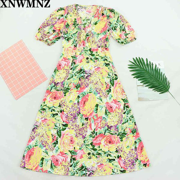 

za dress chic summer women's midi dress casual flower print v-neck short-sleeved slim dresses vestidos elegant femme robe 210510, Black;gray