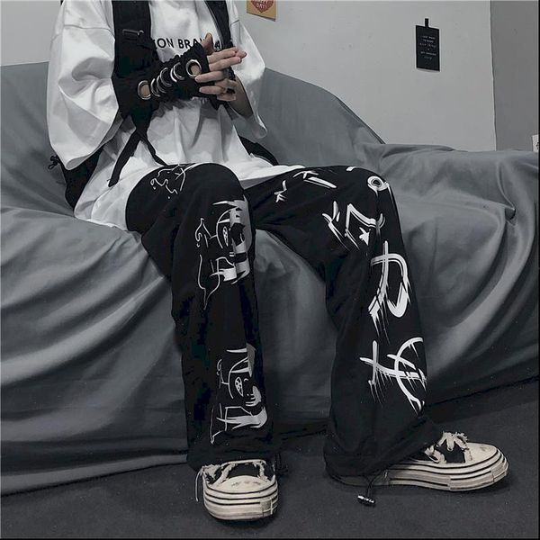 

women capri summer harajuku japanese anime ins retro streetwear high waist plus size casual trousers womans wide leg straight pants, Black;white