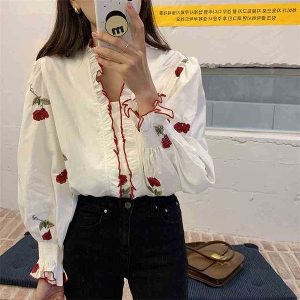

white embroidery roses elegance fashiprincess office lady sweet girls shirts femme casual clothe 210525