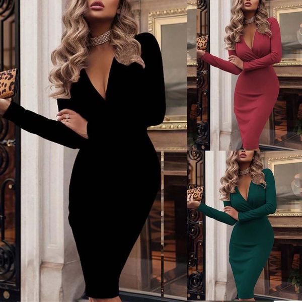 

casual dresses woman autumn winter 2021 dress women's solid slim long sleeve deep v neck pleated bag hip hedging, Black;gray