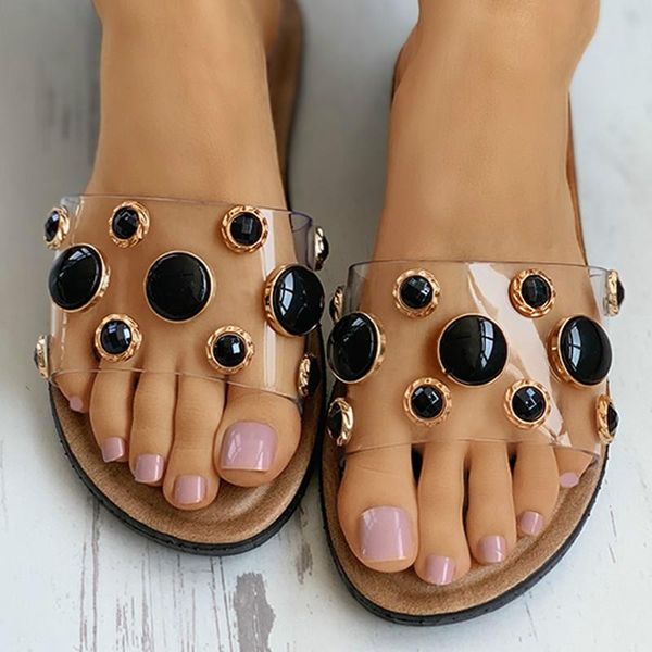 

slippers women metal totem polka dot platform flat heel peep toe slides outdoor&indoor beach leisure lady shoes zapatos de mujer, Black