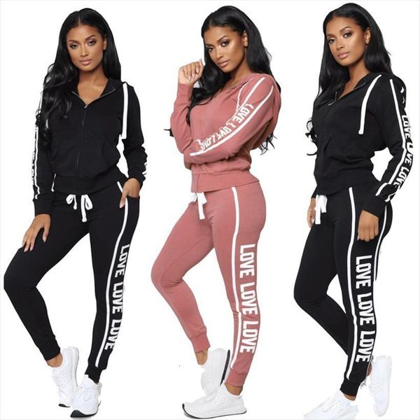 

Tracksuit Two Piece Set Women Tracksuits Sexy Zipper Hoodies Tops Trousers Love Letter Printed Sportwear Female Casual Outfits, Gray