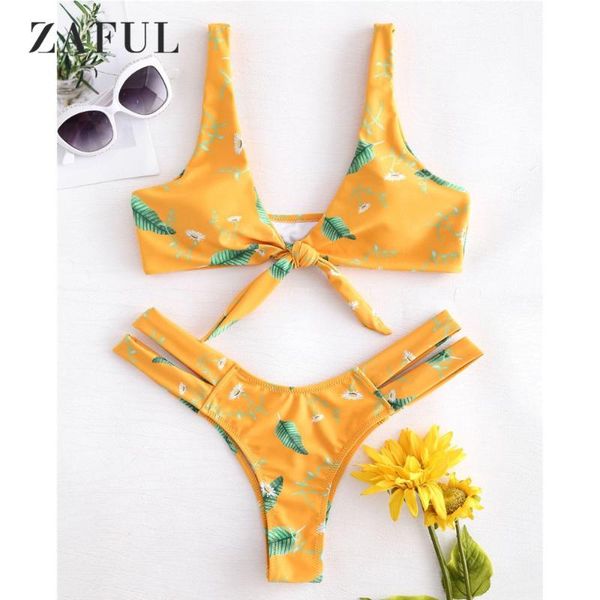 

women's swimwear zaful tie front knot bikini set leaf women swimsuit plunge hollow out cut padded bathing suit, White;black