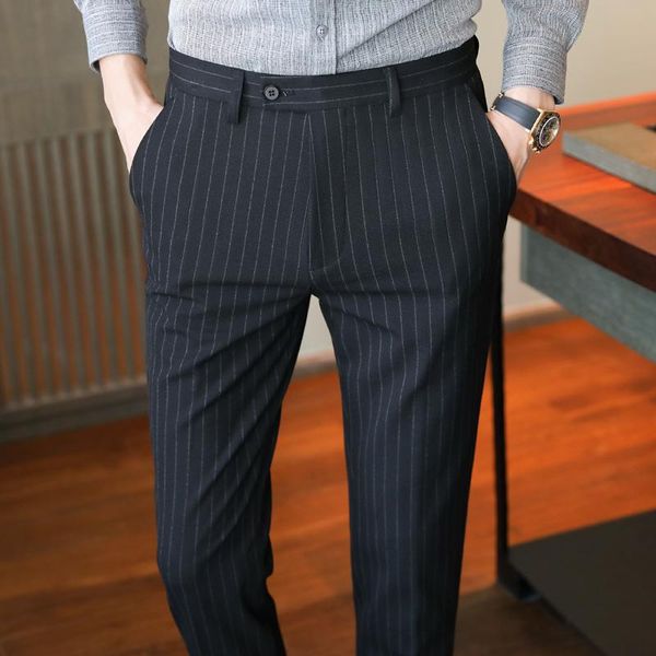 

men's suits & blazers autumn vertical stripes men dress pants suit simple all match slim fit business formal wear casual office trouser, White;black