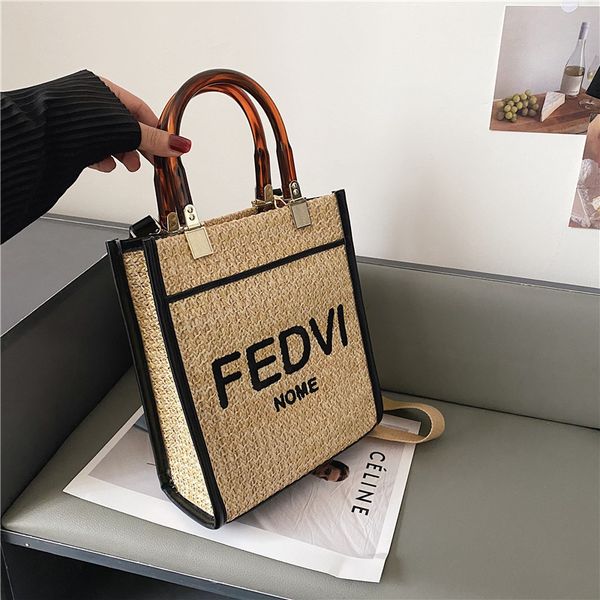 

net red same acrylic portable tote bag straw woven women's new one shoulder hand outlet purse