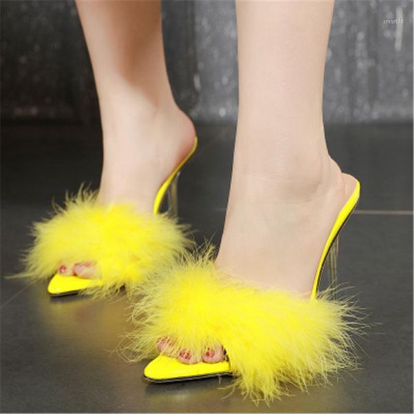 

sandals summer fur ankle cross strap clear 11.5 cm high heels shoes women peep toe feather party ladies model stiletto pink1, Black