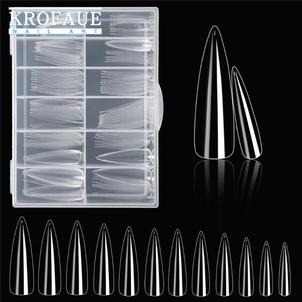 

false nails krofaue xl tips clear 120 pc with box, long stiletto full cover artificial fake nail manicure tools, Red;gold