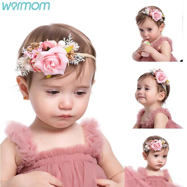 

warmom european and american fashion color simulation rose flower baby nylon high stretch headband hair accessories, Slivery;white