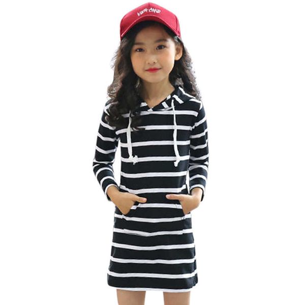 

dresses for girls striped party kids girl long hoodies spring autumn casual cotton clothes school 210528, Red;yellow